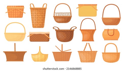 Cartoon handmade baskets. Wicker rattan picnic basket, bamboo weave empty bag for lunch or gift easter, straw hamper, rural wooden handle, cartoon neat vector illustration. Empty handmade to picnic