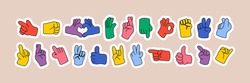 Cartoon Hands Abstract Drawn Comic. Set Of Hand Multicolored Different Signs And Symbols. Drawing Style Sticker Decals. Retro Y2K. Vector Illustration