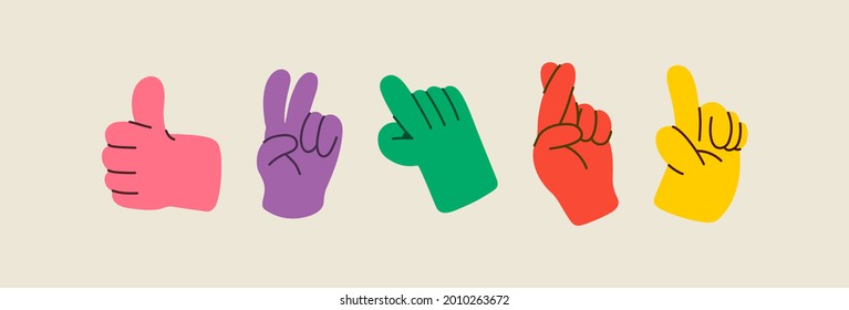 Cartoon hands abstract drawn comic. Set of Hand multicolored different signs and symbols. Drawing style. Vector illustration