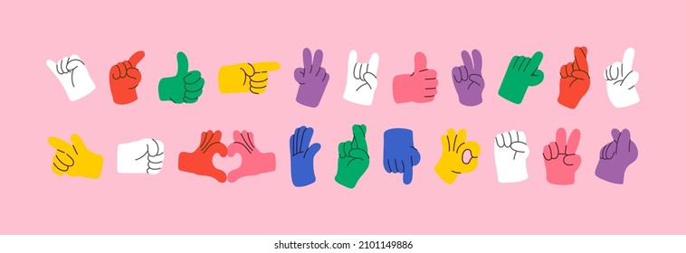 Cartoon hands abstract drawn comic. Set of Hand multicolored different signs and symbols. Drawing style. Vector illustration