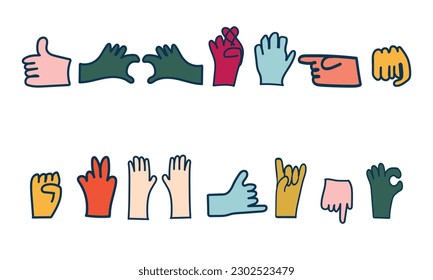 Cartoon hands abstract drawn comic. Set of Hand multicolored different signs and symbols. Drawing style Sticker decals. Vector illustration