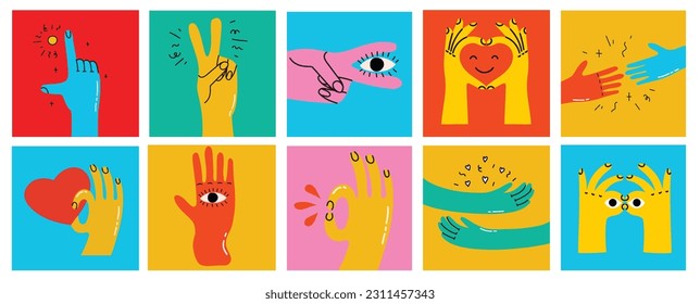 Manos de caricatura dibujando cómico abstracto. Conjunto de señales y símbolos diferentes multicolores de mano. Estilo de dibujo Decretos de pegatinas. Ilustración del vector