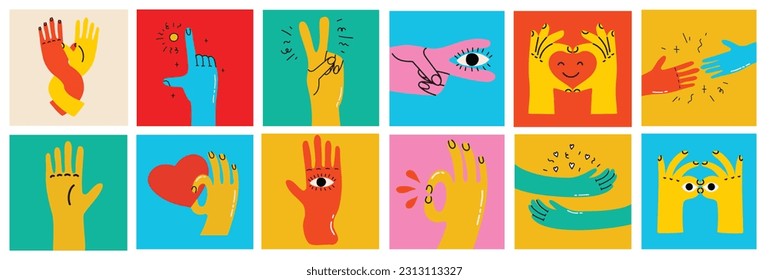 Cartoon hands abstract drawn comic. Set of Hand multicolored different signs and symbols. Drawing style Sticker decals. Vector illustration