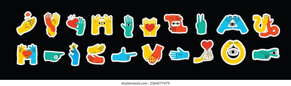 Cartoon hands abstract drawn comic. Set of Hand multicolored different signs and symbols. Drawing style Sticker decals. Retro Y2K. Vector illustration