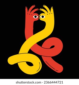 Cartoon hands abstract drawn comic. Hand multicolored different signs and symbols. Drawing style Sticker decals. Retro Y2K. Vector illustration