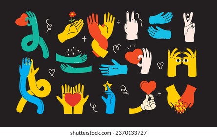 Cartoon hands abstract drawn comic. Set of Hand multicolored different signs and symbols. Drawing style Sticker decals. Retro Y2K. Vector illustration