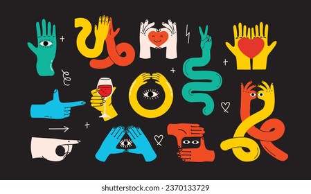 Cartoon hands abstract drawn comic. Set of Hand multicolored different signs and symbols. Drawing style Sticker decals. Retro Y2K. Vector illustration