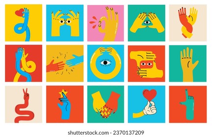 Cartoon hands abstract drawn comic. Set of Hand multicolored different signs and symbols. Drawing style Sticker decals. Retro Y2K. Vector illustration