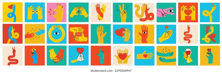 Cartoon hands abstract drawn comic. Set of Hand multicolored different signs and symbols. Drawing style Sticker decals. Retro Y2K. Vector illustration