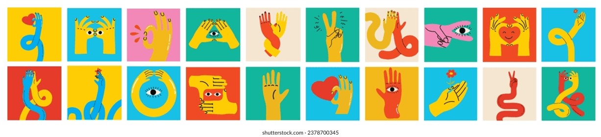 Cartoon hands abstract drawn comic. Set of Hand multicolored different signs and symbols. Drawing style Sticker decals. Retro Y2K. Vector illustration