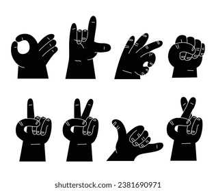 Cartoon hands abstract drawn comic. Set of Hand silhouette different signs, gestures and symbols. Palm and fingers. Modern flat style. Vector illustration isolated on background