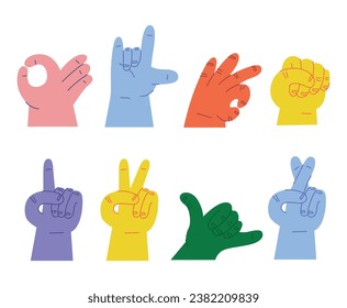 Cartoon hands abstract drawn comic. Set of Hand colore different signs, gestures and symbols. Palm and fingers. Modern flat style. Vector illustration isolated on background