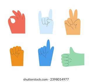 Cartoon hands abstract drawn comic. Modern hands icons isolated. Set of Hand multicolored different signs and symbols. Drawing style Sticker decals. Vector illustration