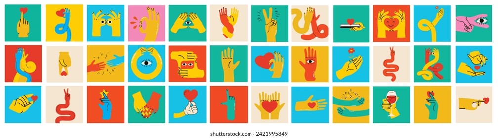 Cartoon hands abstract drawn comic. Set of Hand multicolored different signs and symbols. Drawing style Sticker decals. Retro Y2K. Vector illustration