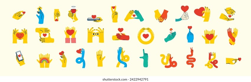 Cartoon hands abstract drawn comic. Set of Hand multicolored different signs and symbols. Drawing style Sticker decals. Retro Y2K. Vector illustration