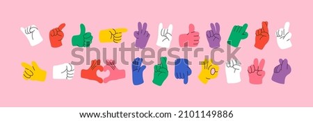 Cartoon hands abstract drawn comic. Set of Hand multicolored different signs and symbols. Drawing style. Vector illustration