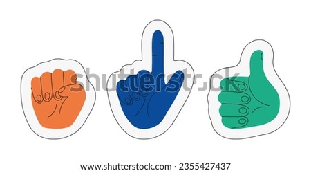 Cartoon hands abstract drawn comic. Set of Hand multicolored different signs and symbols. Drawing style Sticker decals. Vector illustration