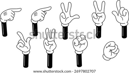 Cartoon hands with black sleeves making different gestures, including pointing, peace sign, and fist.