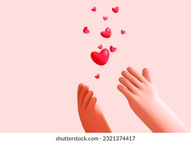 Cartoon hands catch flying hearts. Social media. Concept health,insurance,solidarity. Hands give donate,help,gift. Vector illustration