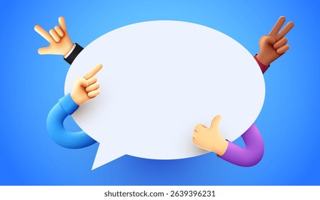 Cartoon hands and chat bubble. Vector illustration