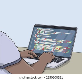 Cartoon hands coding laptop vector