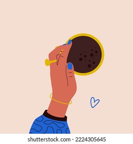 Cartoon hands with coffee cup. Woman holding mug with tea cacao latte hot drink top view. Vector isolated illustration