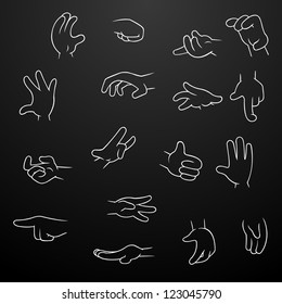Cartoon Hands collection set of variety vector gestures icons on black background