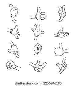 cartoon hands. Comic arms with fingers outline various gestures, cartoon character body parts. isolated vector set. Gesture hand finger count, thumb gesturing illustration eps 10