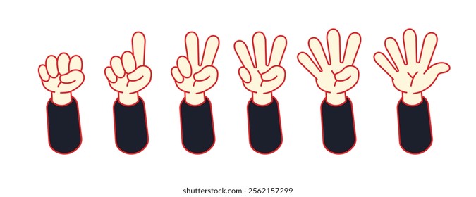 Cartoon hands. Comic arms with five fingers cartoon character body parts. Gesture hand finger count, thumb gesturing illustration