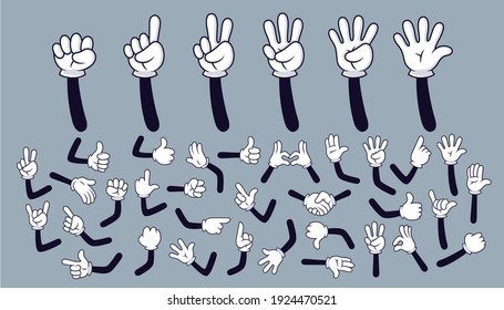 Мультяшные руки. Руки комиксов с четырьмя и пятью пальцами в белых перчатках с различными жестами, частями тела мультипликационных персонажей. Изолированный векторный набор. Подсчет пальцев руки жестом, иллюстрация жеста большим пальцем