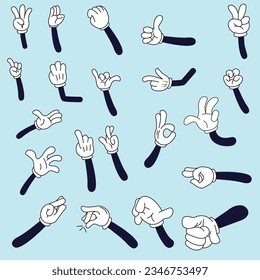 Manos de caricatura. Los brazos cómicos con cuatro y cinco dedos en guantes blancos con varios gestos, partes del cuerpo del personaje de dibujos animados. Manos cómicas de mascota, manos cómicas de Glove. Brazos de clipart vectores en diferentes posiciones