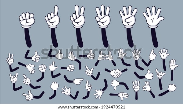 漫画の手 白い手袋に4本と5本の指を持ち 様々なジェスチャー 漫画のキャラクターのボディパーツを持つコミック腕 分離型ベクター画像セット ジェスチャ手の指数 親指の身振りのイラスト のベクター画像素材 ロイヤリティフリー