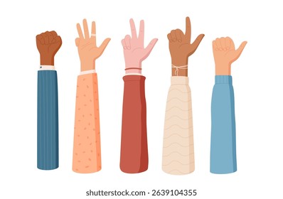 Cartoon hands count gesture with sleeves show numbers set. Fingers in different poses count numbers. Isolated flat style, educational and playful use.
