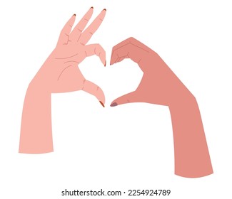 Cartoon hands of a couple of people making heart shape with their fingers. Vector isolated flat illustration.