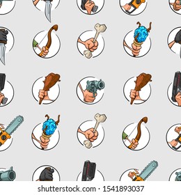 Cartoon hands with different weapons seamless pattern on grey background. Wallpaper vector design