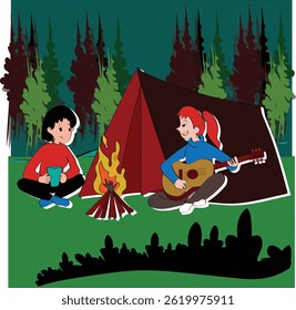 Cartoon hands drawn flat style drawing happy camping hiking family. Group of tourist people character together hiking camping outdoor forest trip