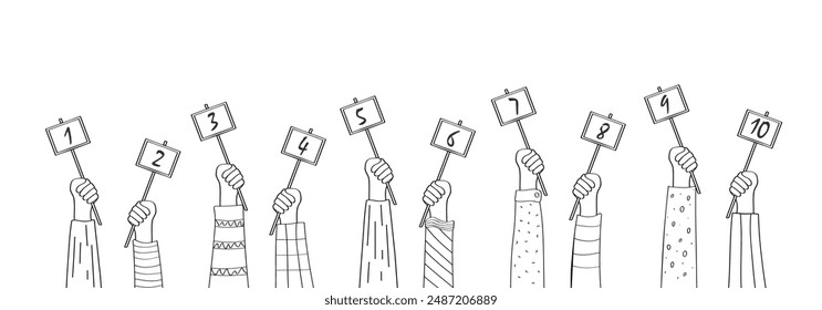 Cartoon hands with evaluation cards with numbers. Vector illustration of the raised hands of the jury members with scores. Rate it on a 10-point scale.