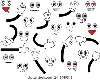 Cartoon hands, eyes, smile, different hands, a lot of emotions, cartoon style, 10EPS, set, vector illustration