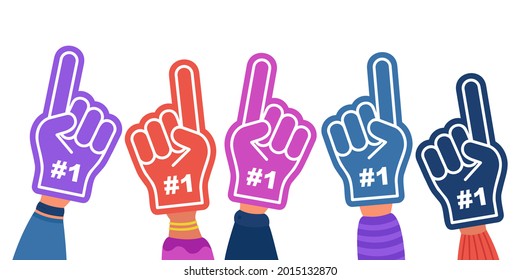 Cartoon hands in fan gloves flat vector illustration. Colorful fan gloves with fingers and numbers one. Support, sport, fan club, football team concept for banner design or landing page