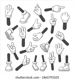 Cartoon hands and feet set, body gesture parts. Glove finger, walking legs for comic decoration. Vector line art illustration on white background