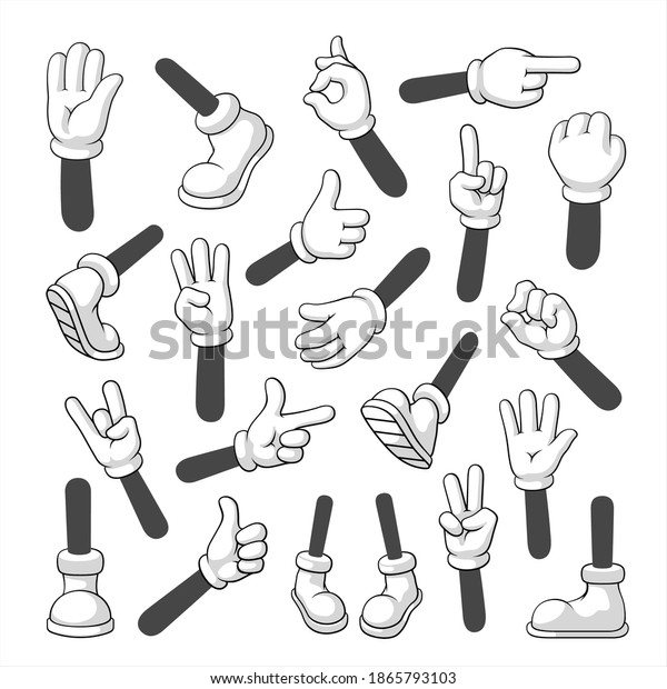 Cartoon hands and feet set, body gesture\
parts. Glove finger, walking legs for comic decoration. Vector line\
art illustration on white\
background