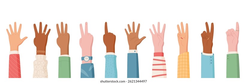 Cartoon hands in a flat style show finger counts from zero to five set. Illustrating people with diverse gestures and sleeves, this isolated set provides educational elements for visual aids.
