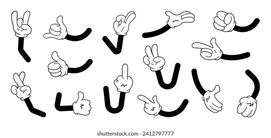 Cartoon hands with four fingers, classic style from the 30s, cartoons and comics. Mascot characters in white gloves with various gestures. Retro cartoon hands set. Vector hand gesture collection.