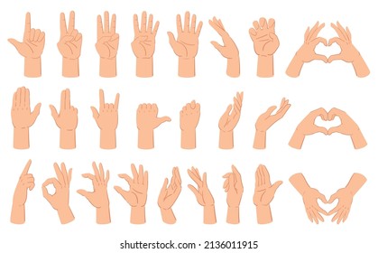 Cartoon hands gesture, hand poses, thumb up and counting gestures. Human hand gestures, count and crossed fingers vector illustration set. Hand gesture communication showing and pointing