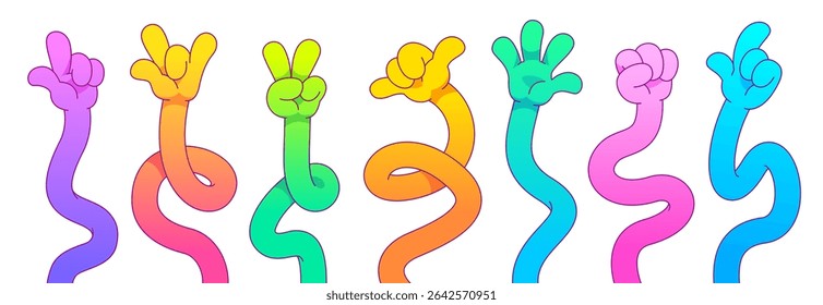 Conjunto de gestos de mãos de desenhos animados - braços multicoloridos flexíveis, posando dedos curvos, cores brilhantes formas abstratas para design. Formas engraçadas acenando e fazendo símbolos divertidos sinais ícones. Expressões de diversidade.