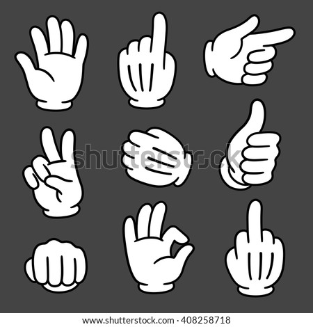 Cartoon hands gesture set on dark background. Traditional cartoon white glove. Vector clip art illustration. 