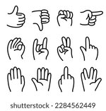 Cartoon hands gesture set. Simple hand drawn comic style icons. Black and white line art, vector illustration. 