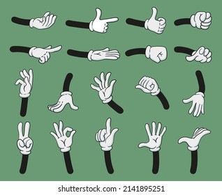 Cartoon hands gestures, comic book character body parts. Hands gestures, comic mascot hands in gloves vector symbols illustrations. Gloved comic hands