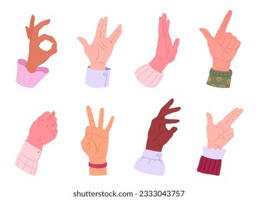 Cartoon hands gestures set. Human hand palms with different gestures and skin colours. People hands flat vector illustration collection