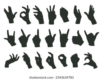 Cartoon hands gestures silhouettes. Human hands signs, okay, call, peace position and index finger sign flat vector illustration set